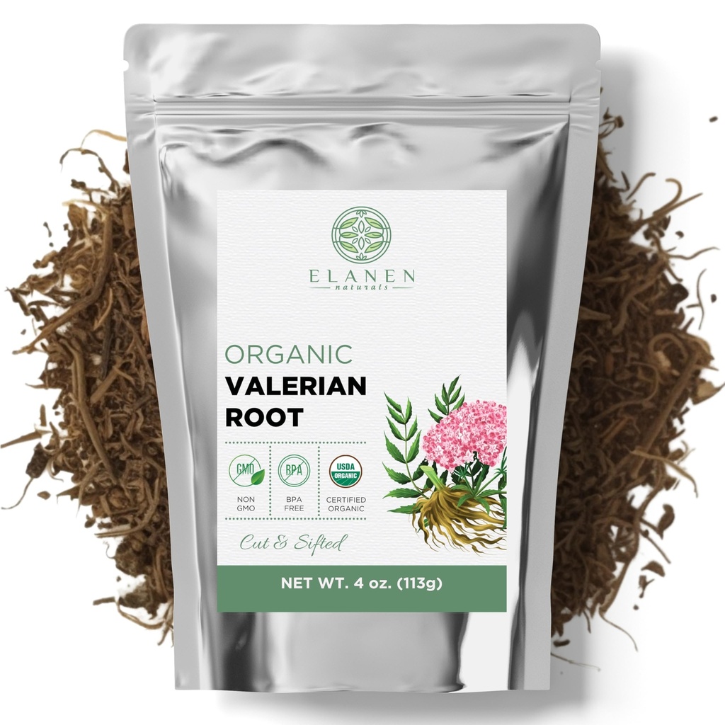 Elanen Naturals Organic Valerian Root 4 oz. (113g), USDA 인증 유기농 발레란 뿌리 허브 차, Te De Valeriana Para Dormir, Valarian Officinalis 전체 느슨한 잎, 컷 & Sifted