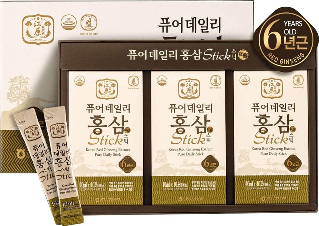 Gangwoninsam] 한국 빨간 인삼 추출물 순수한 매일 지팡이 30 조사 – 6 년 한국 빨간 인삼 추출물, 한국 음식, 개별적으로 포장, 0.35 fl. oz (10ml), 3 x 10-Count 상자를 포함합니다