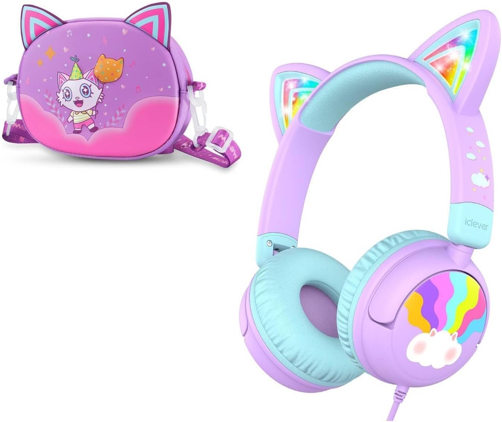 iClever 유선 아이 헤드폰 고양이 귀 Meow Lollipop & 헤드폰 케이스 뭉치