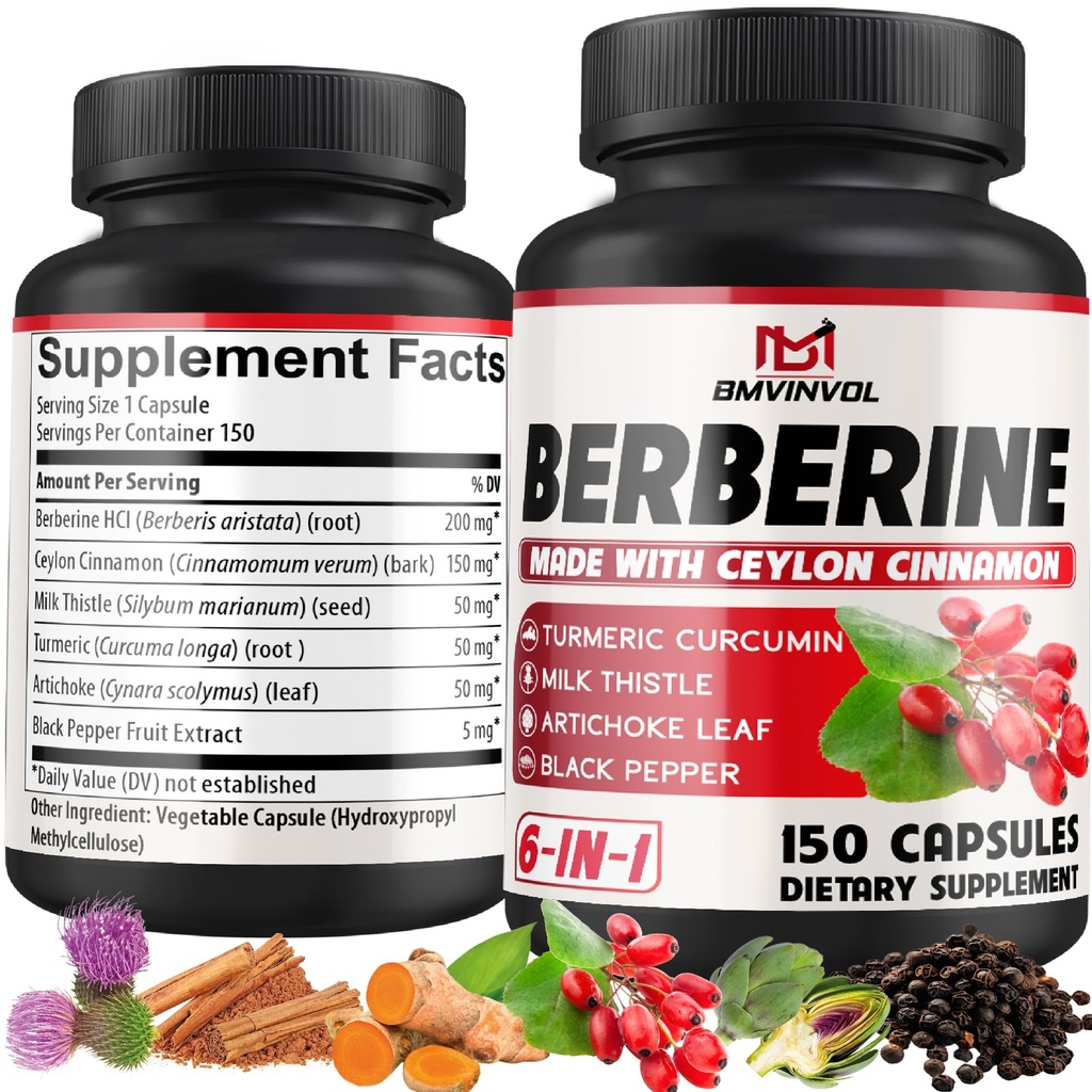 Berberine HCl, 150 캡슐 - 플러스 Ceylon Cinnamon, Turmeric, 우유 이틀, Artichoke, 블랙 페퍼, Berberine HCI 뿌리 보충제 알약 - 면역 체계