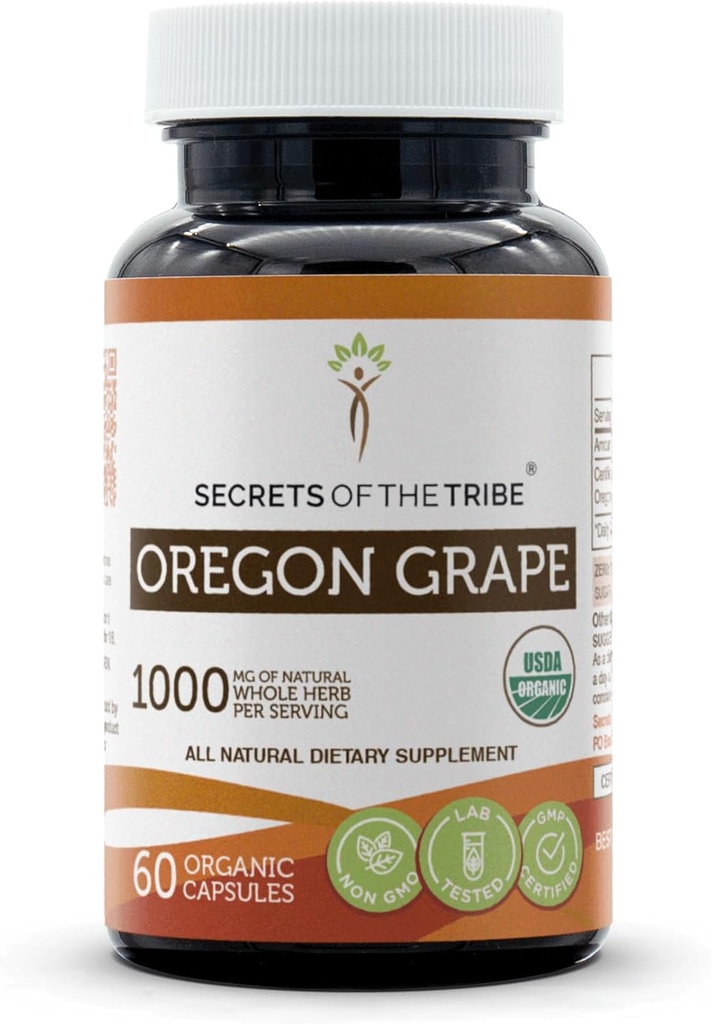 Tribe Oregon 포도 USDA 유기 캡슐의 비밀 | 인증 유기농 채식 캡슐, 초본 다이어트 보충 | Mahonia aquifolium 건조 뿌리 (60 개)