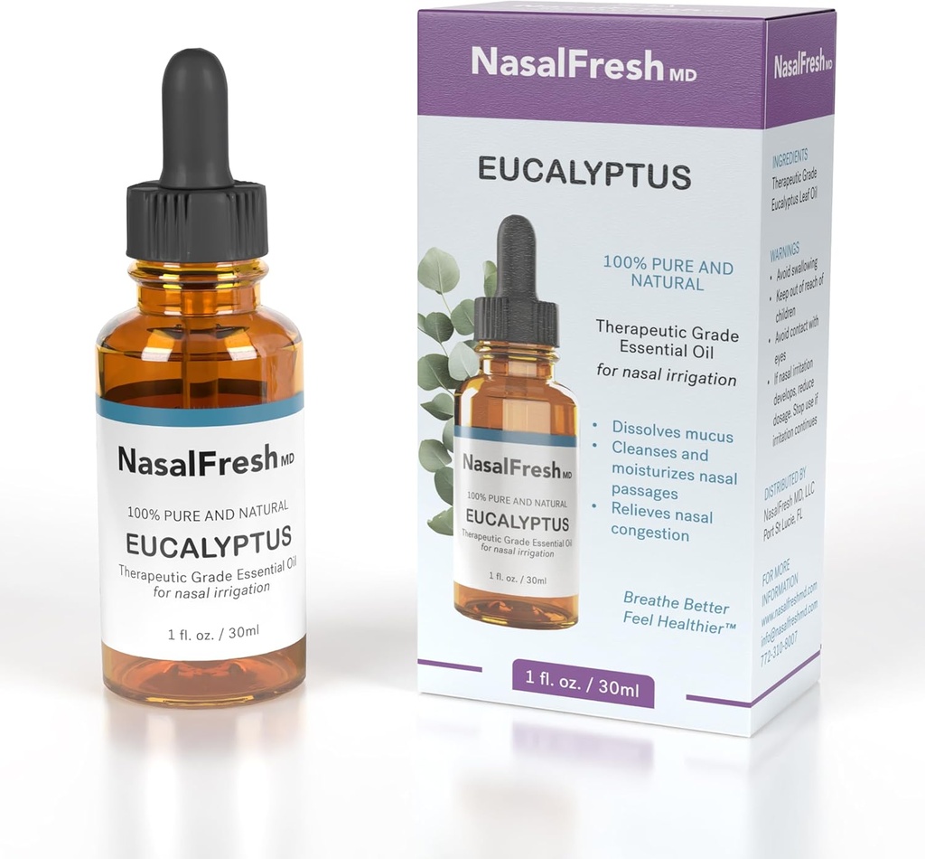 NASALFRESH MD - Eucalyptus Essential Oil - Nasal Irrigation - 혼잡 완화 - Nasal Wash 첨가제 - 고급 정유 - 클렌징 & Nasal Passages - 1oz