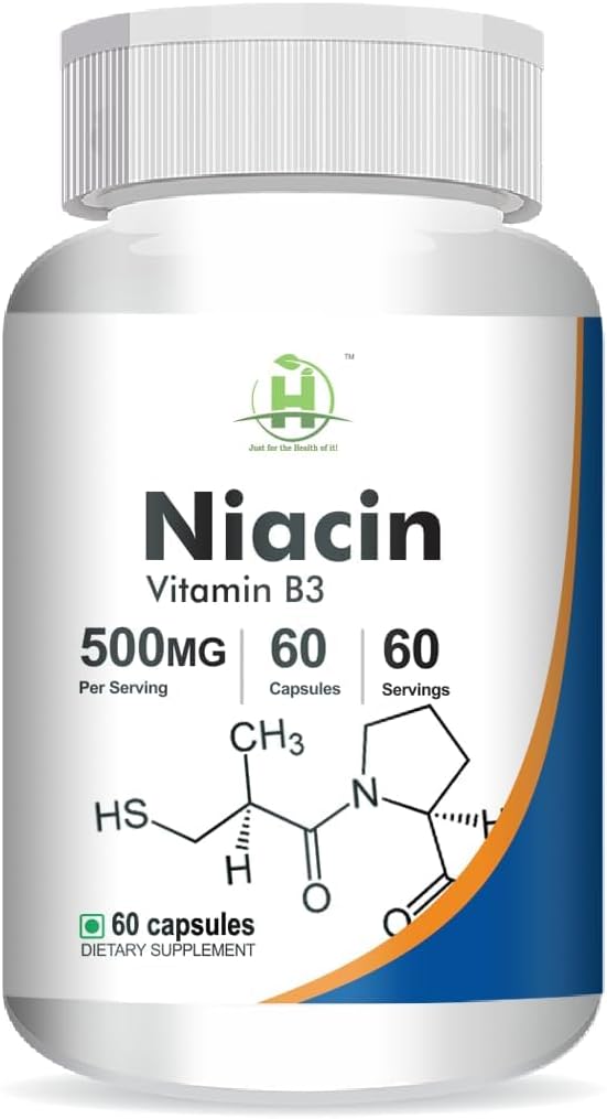 일반 니콘 (비타민 B3) 500mg 에너지 레벨|피부 건강 -60 채식 캡슐 - 1 팩