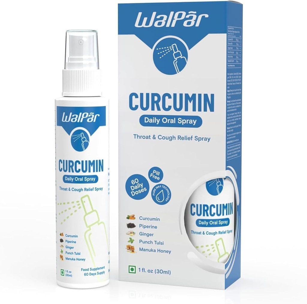 Curcumin 구두 스프레이 - Curcumin, Piperine, Ginger Extract, Punch Tulsi 및 Manuka Honey의 천연 혼합 | 30ml 1 fl. oz | 60 일 공급
