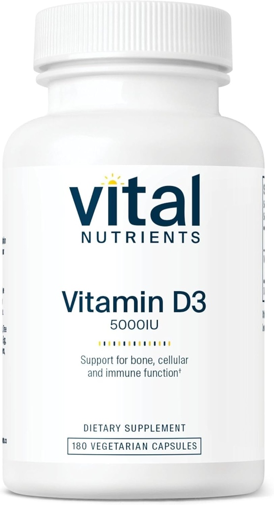Vital Nutrients 비타민 D 5000 IU | 비타민 D3 보충 | 건강한 뼈, 치아, 근육   셀룰러 및 면역 기능 | 칼슘 흡수 | 글루텐, 낙농장 및 콩 무료 | 180 캡슐