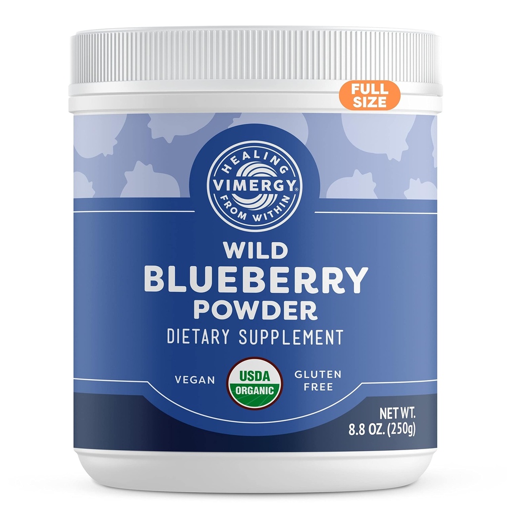 Vimergy Wild Blueberry Powder - 뇌 건강 보호 * - 지원 심혈관 기능 * - 유기, Vegan & 글루텐 - 무료 - 일반 크기 250g