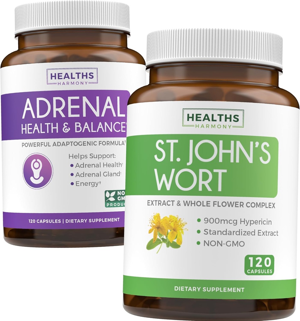 Adrenal & St. John 's Wort (4 개월 공급) 무담 하모니 팩 - L-Tyrosine (120 캡슐) 및 St. John 's Wort와 함께 광고 지원 Powerfil 900mcg Hypericin 캡슐 당 500mg (120 캡슐)