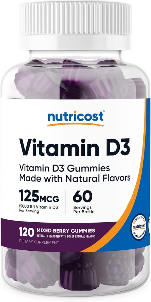 Nutricost 비타민 D3 Gummies 5,000 IU (125mcg), 120 Gummies - 혼합 Berry 맛, 60 서빙
