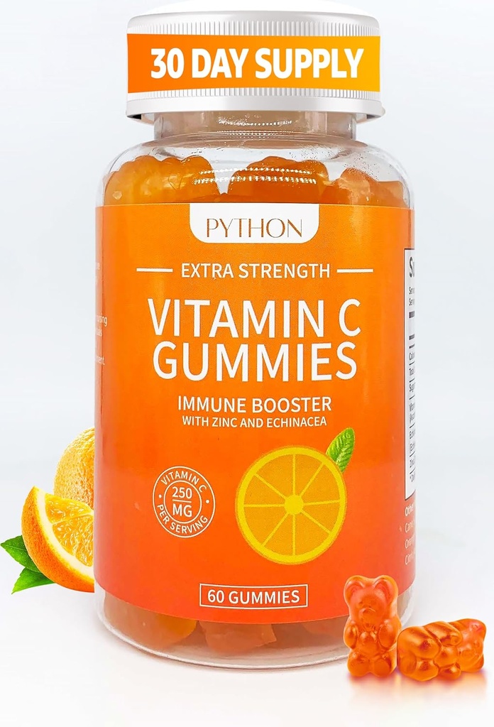 파이썬 비타민 C + Immunity 및 Lung 건강을위한 Echinacea 보충, Collagen 생산 지원, 피부 Hydration, Immunity 및 건강, 성인 및 어린이 60 Vegan Gummy Chews - 1 개월 공급
