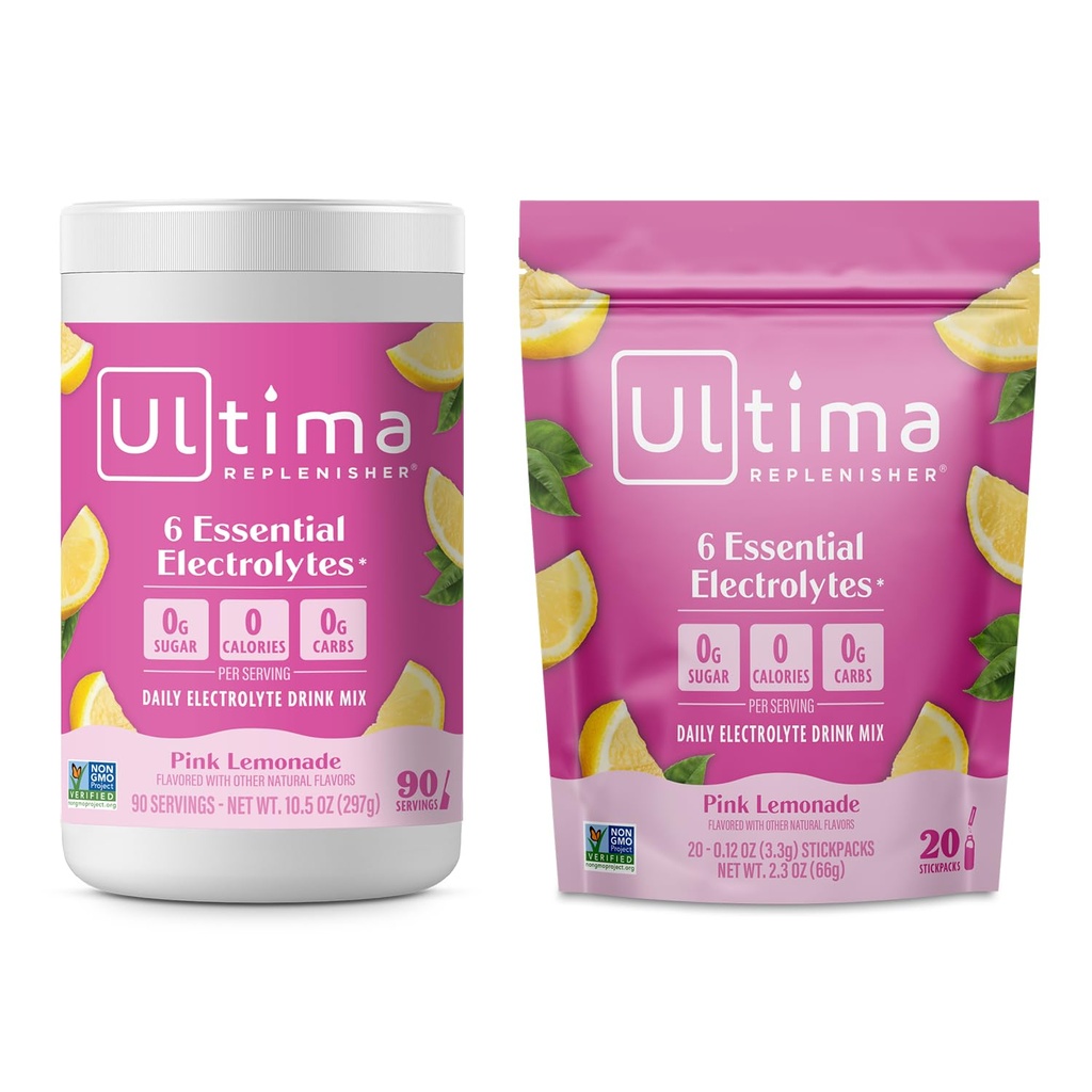 Ultima Replenisher Electrolyte Powder Drink Mix 번들 – Sugar Free – Pink Lemonade, 90 서빙 용기 및 20 Stickpack – 6 Electrolytes 및 Mineral – Keto Friendly, Vegan, Non-GMO