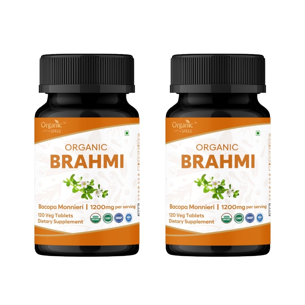 Brahmi 120 정제 - USDA 유기 Bacopa Monnieri 보충 - 지원 초점, 캘름 & 기억 - 초본 Nootropic* - 2 팩