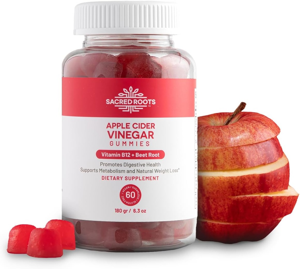 Apple Cider Vinegar Gummies - 설탕 무료 Apple Cider Gummies 비타민 B12 및 Beetroot 파우더 - Vegan, Non-GMO 및 Gluten-Free, 미국 (30 인분)