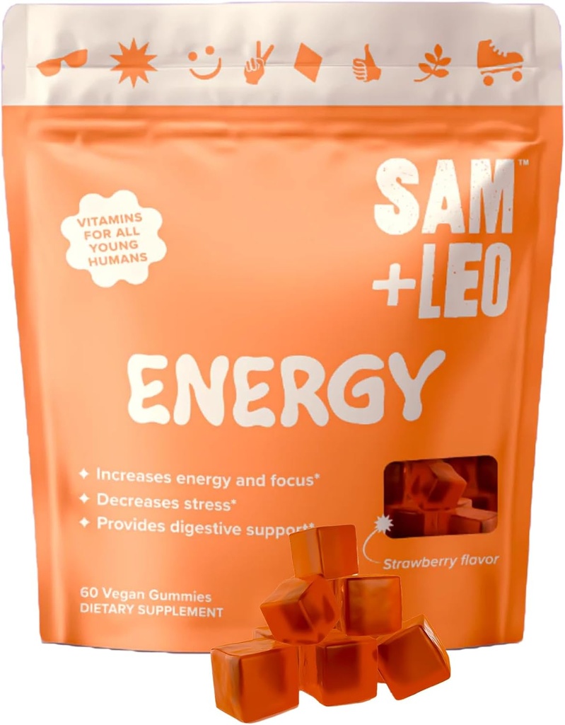 Biotin, 비타민 C, B3, B6 및 B12와 어린이용 SAM+LEO Energy Gummies - 모든 자연 & Vegan Gummy for Energy & Focus Supplement for Kids - 스트레스 및 소화 지원, 딸기 구미 - 60/ct