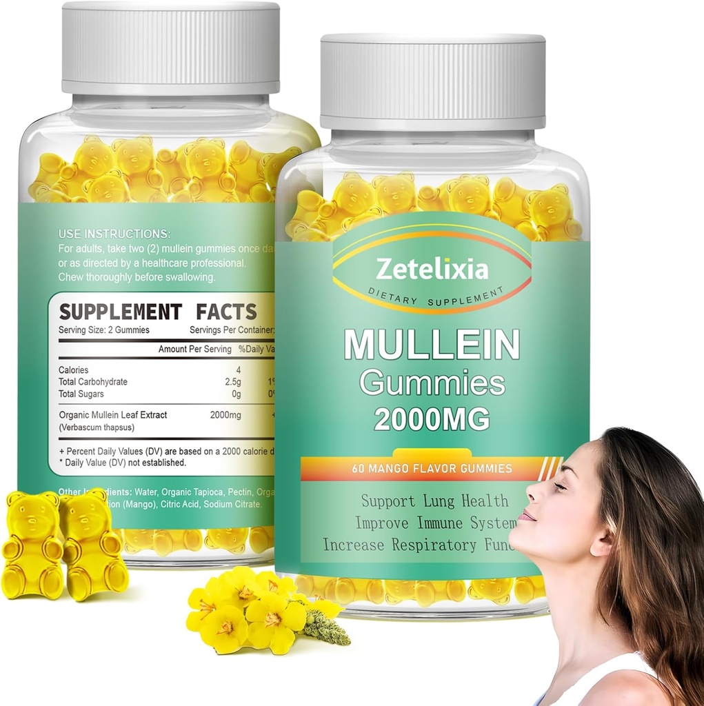 2 팩 Mullein Gummies - Lungs를 위한 Mullein 잎 추출물, Smokers를 위한 Lung Detox Cleanse, Immune 지원을 위한 Mullein Lung 지원 보충교재, 버섯 기복, 120 설탕 자유로운 Vegan Gummies