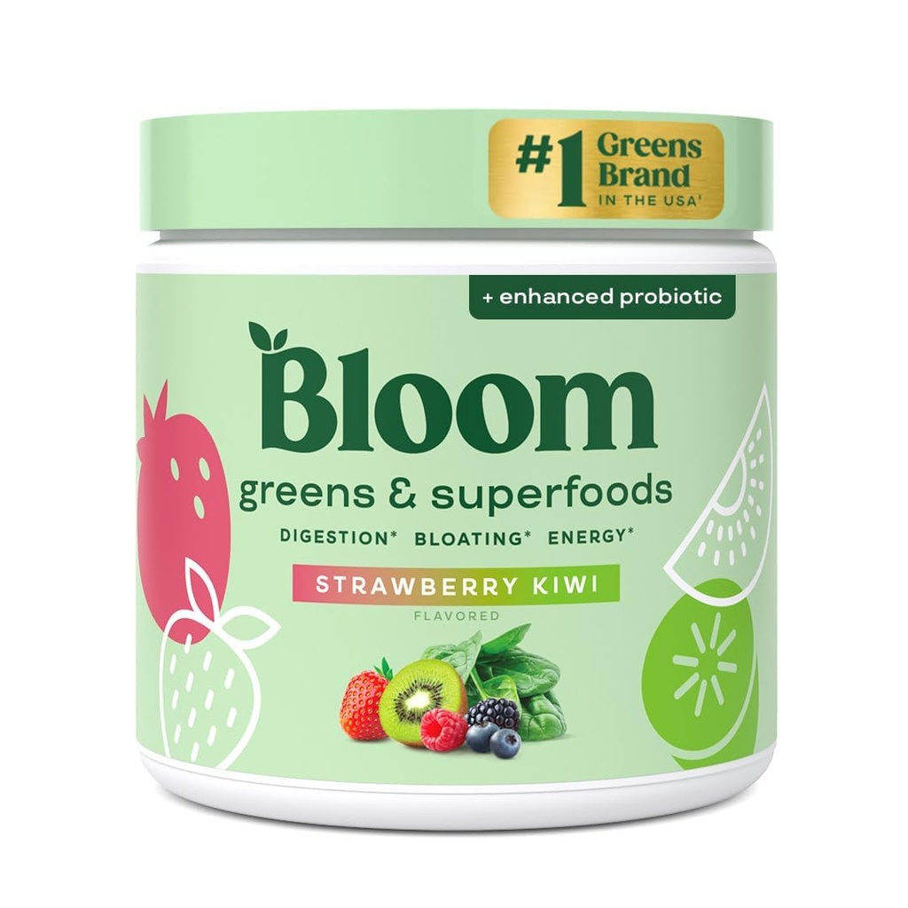 소화 건강, 녹색 분말, 소화 효소, Probiotics, Spirulina, Chlorella for Bloating & Gut Support, Green Juice, 30 SVG, Strawberry Kiwi