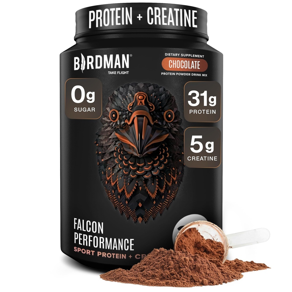 Birdman Falcon 성능 Vegan Protein Powder, 31g Protein, 5g Creatine, 5g BCAA, Probiotics, Electrolytes, Pre Workout, Low Carb, Sugar Free & Dairy Free, Plant Based Chocolate Protein -19 서빙