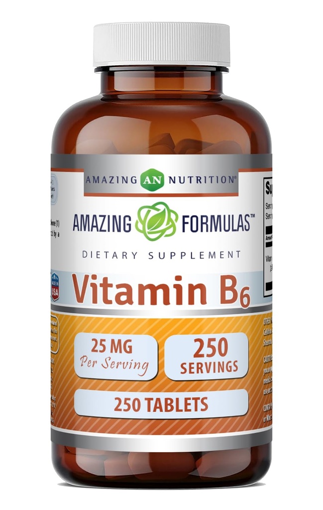 Amazing Formulas 비타민 B6 Pyridoxine 25mg 250 정제 보충 | 비 GMO | 글루텐 무료 | 미국에서 제작