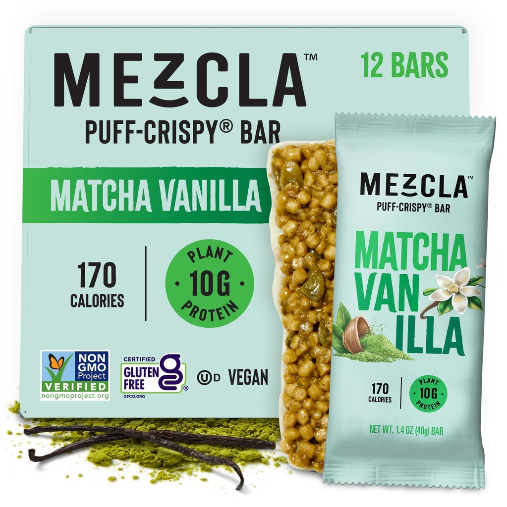 Mezcla 퍼프 Crispy Protein Bar, 글루텐 무료 & Vegan Protein Bar, 10g Protein, Crispy Rice Treat, Granola Bars & Breakfast Bar, 성인을위한 건강한 스낵, Matcha Vanilla, 12 팩