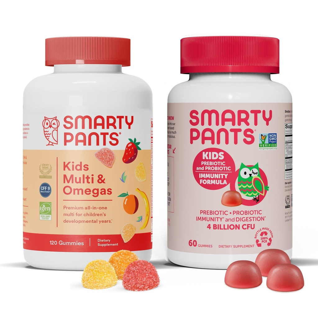 SmartyPants Kids Multivitamin Gummies 및 Probiotic Immunity 번들 : 오메가 3 생선 기름 (EPA / DHA), 비타민 D3, C, 비타민 B12, B6, 소화 및 면역 지원 보충 (30 일 공급)