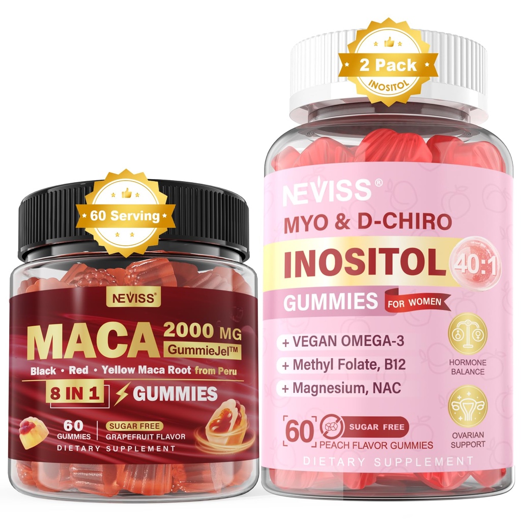 NEVISS Sugar Free 1Pack Maca Root Filled Gummies & 2Pack Myo-Inositol & D-Chiro Inositol Gummies를 준비하십시오.