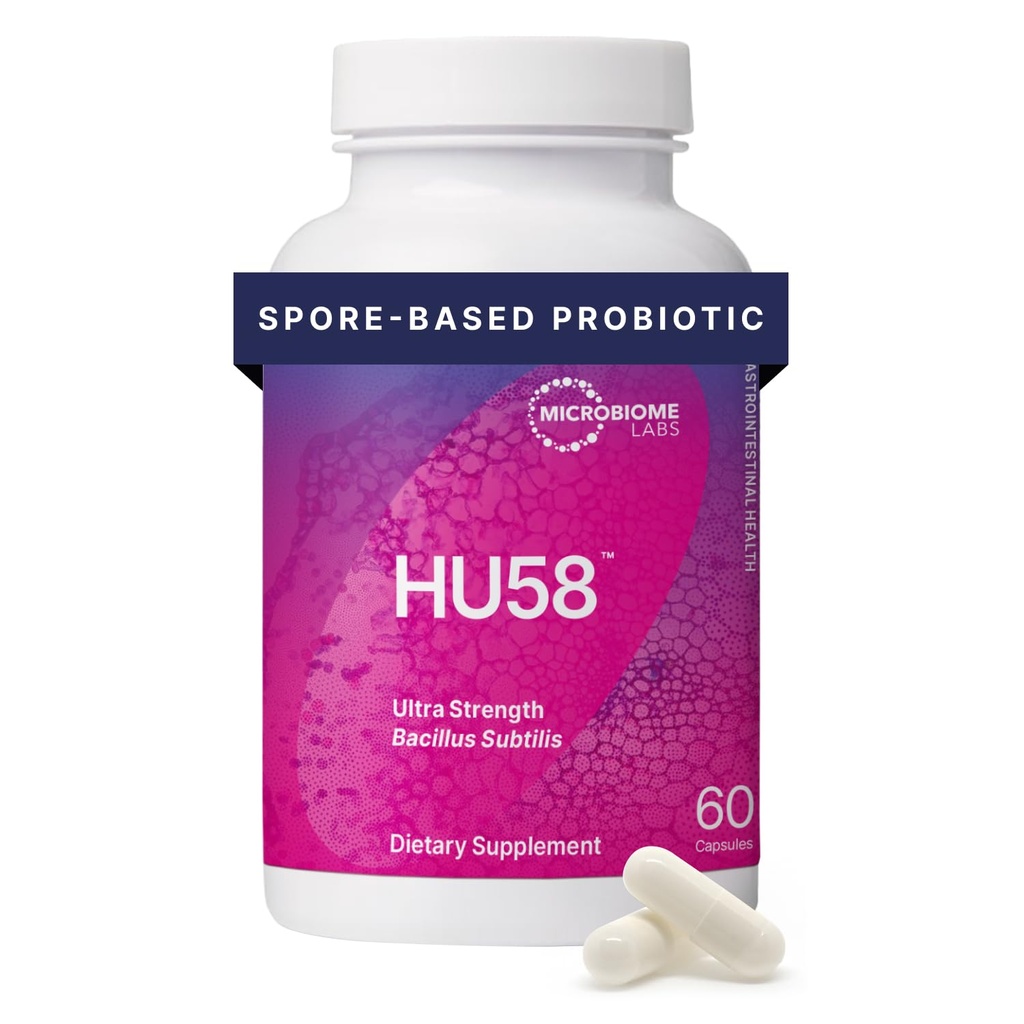 Microbiome Labs HU58 Bacillus Subtilis Probiotics for Women and Men - 소화 건강 및 면역 지원을위한 높은 Potency Spore Probiotic - 10 억 CFU (60 캡슐)과 매일 캡슐