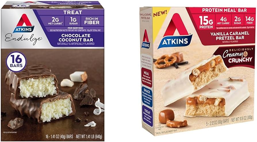 Atkins 초콜릿 코코넛 바 16 개, 바닐라 Caramel Pretzel Protein Meal Bar 5 개