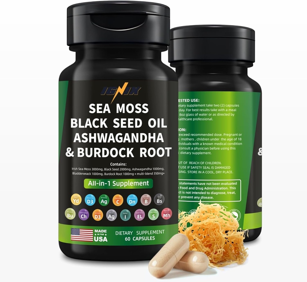 IGNIX는 바다 모스, 까만씨 기름, Ashwagandha 및 Burdock 뿌리 접시 바다 모스 3000mg, 까만씨 2000mg, Ashwagandha 1000mg, Bladderwrack 1000mg, Burdock 뿌리 1000mg를 가진 규정식 보충교재입니다.
