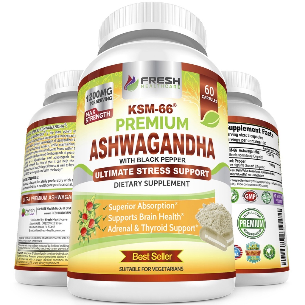 FRESH HEALTHCARE Ashwagandha 캡슐 KSM-66 1200mg 높은 흡수를 위한 까만 고추를 가진 순수한 뿌리 추출물 - Potent Ashwagandha 보충교재 - 60 Vegan 캡슐