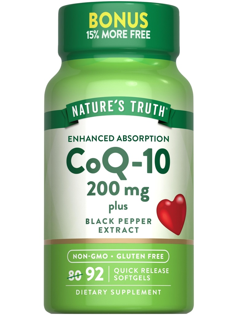 Nature's Truth CoQ10 200 mg Softgels | 92 Count | 강화 된 흡수 | 흑퍼 추출물 | Non-GMO 및 글루텐 무료 보충
