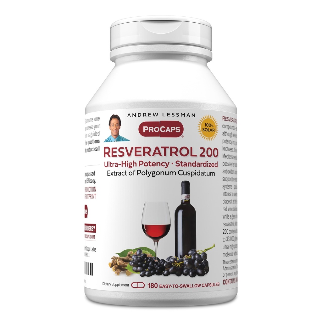 ANDREW LESSMAN Resveratrol-200mg - 180 캡슐 - 레드 와인의 Beneficial, Naturally Occurring Anti-oxidant, 알코올없이. 첨가제 무료