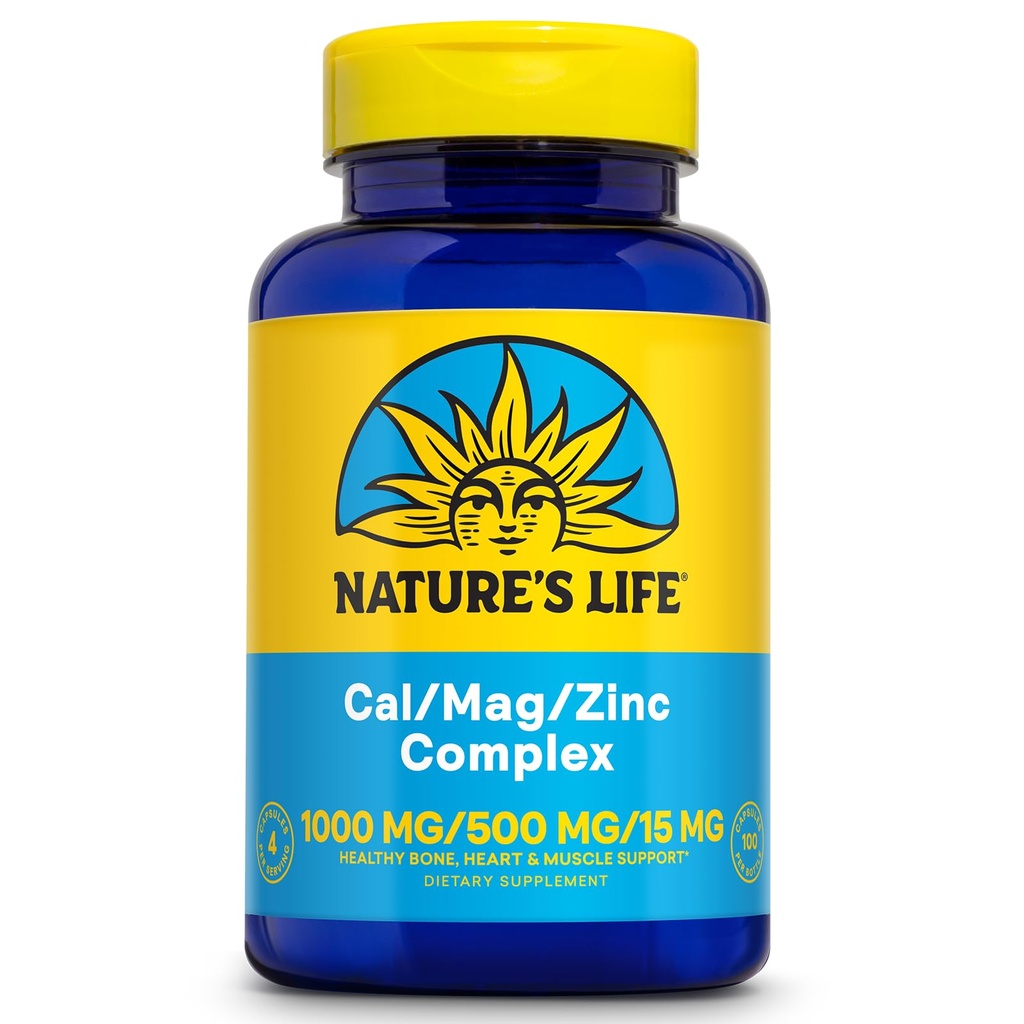 NATURE'S LIFE Cal Mag 아연 복합 1000mg / 500mg / 15mg - 칼슘 마그네슘 아연 보충 w / 비타민 D 및 보론 - 뼈 건강, 근육 및 심장 건강 지원, 60 일 보증, 25 Serv, 100 모자