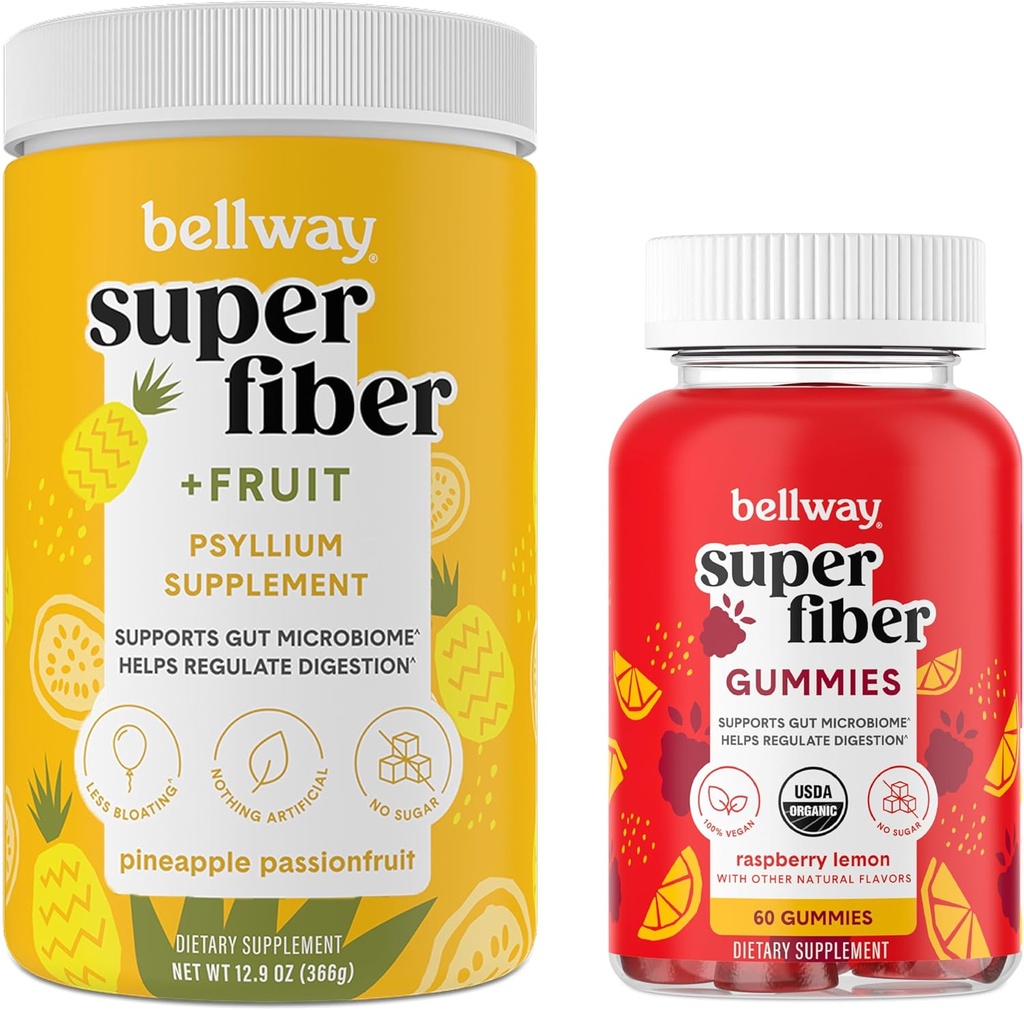 Bellway 슈퍼 섬유 분말 + 과일, 파인애플 열정 과일 슈퍼 섬유 Gummies 번들