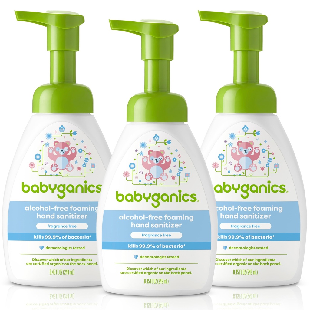 Babyganics 알콜 자유로운 거품이 이는 손 소독제, 펌프 병, 향수는, 8.45 oz, 3 팩 해방합니다