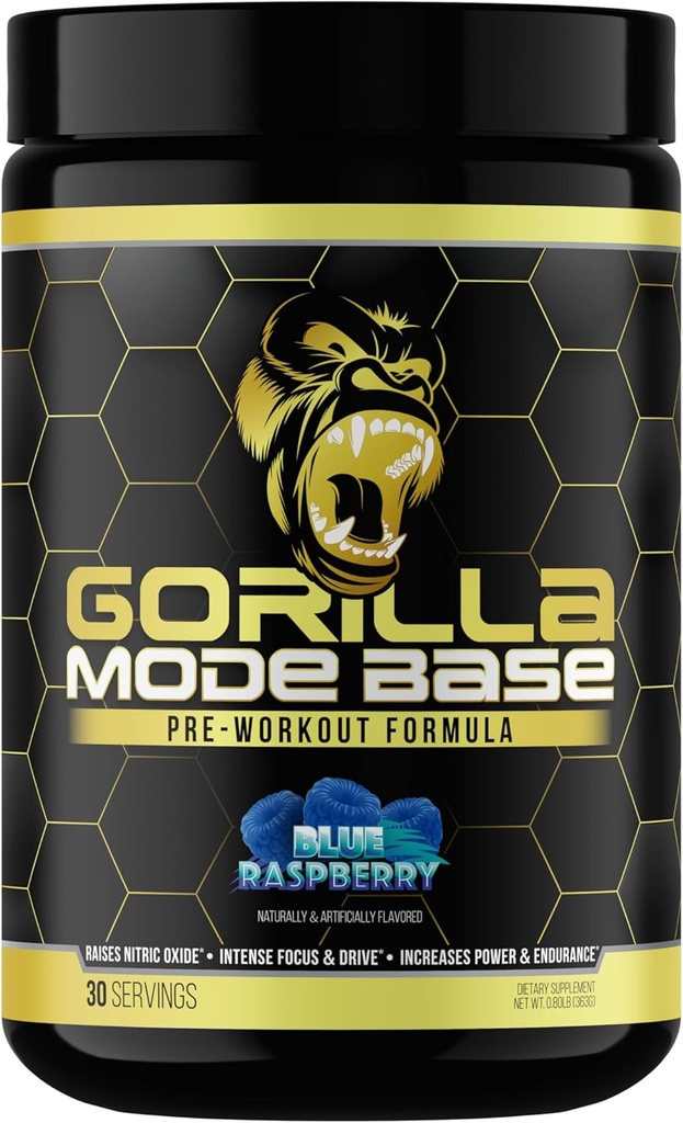 Gorilla Mind Base Pre Workout - Nitric Oxide Intense Focus & Drive Endurance Power - L-Citrulline, L-Tyrosine, Betaine, Alpha-GPC, Caffeine, Huperzine A - 360 그램 (블루 라즈베리)
