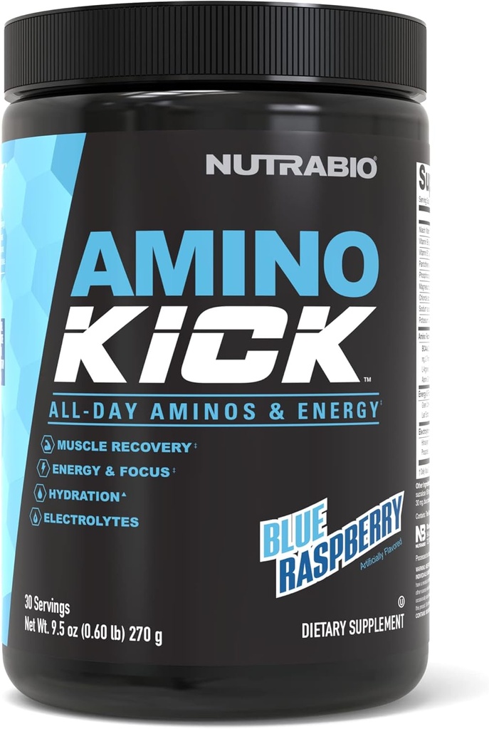 NutraBio Amino Kick – 자연 카페인 BCAA 분말 – 에너지, 하이드로 션 및 복구를위한 아미노산 보충 – BCAAs, 일체 & 아미노산 – 블루 라즈베리, 30 서빙