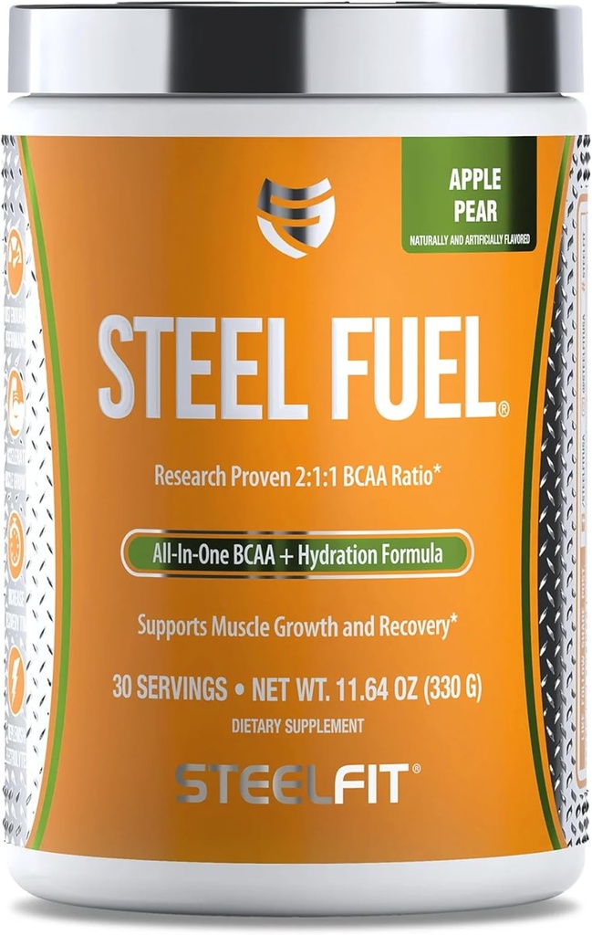 SteelFit Steel Fuel 5g BCAAs Amino Acids Powder for Intra-Workout to Accelerate Muscle Growth & Enhanced Endurance - 30 Apple Pear의 서빙 - 전해질 및 회복을위한 BCAA 보충제 분말