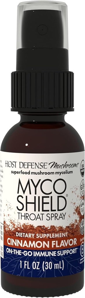 Host Defense MycoShield Throat Spray - 면역 건강 지원 - Chaga, Reishi, Turkey Tail & More - On-The-Go Immune Support - Cinnamon flavor, 1 fl oz (71 서빙) *가있는 규정식 버섯 보충