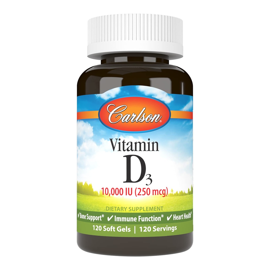Carlson - 비타민 D3, 10000 IU (250 mcg), 비타민 D 보충교재, 뼈 & 면역 지원, 비타민 D3 Softgels, 심장 건강, 글루텐 자유로운 비타민 D 캡슐, 120 Softgels