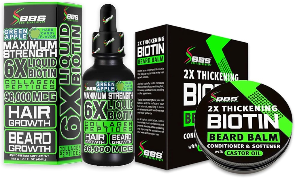Beard 성장 장비 w/ 2X 두껍게 하는 Biotin Beard Balm & Mustache 왁스 + 6X 얼굴 머리 성장을위한 교원질 펩티드와 액체 Biotin - 미국에서 공식화