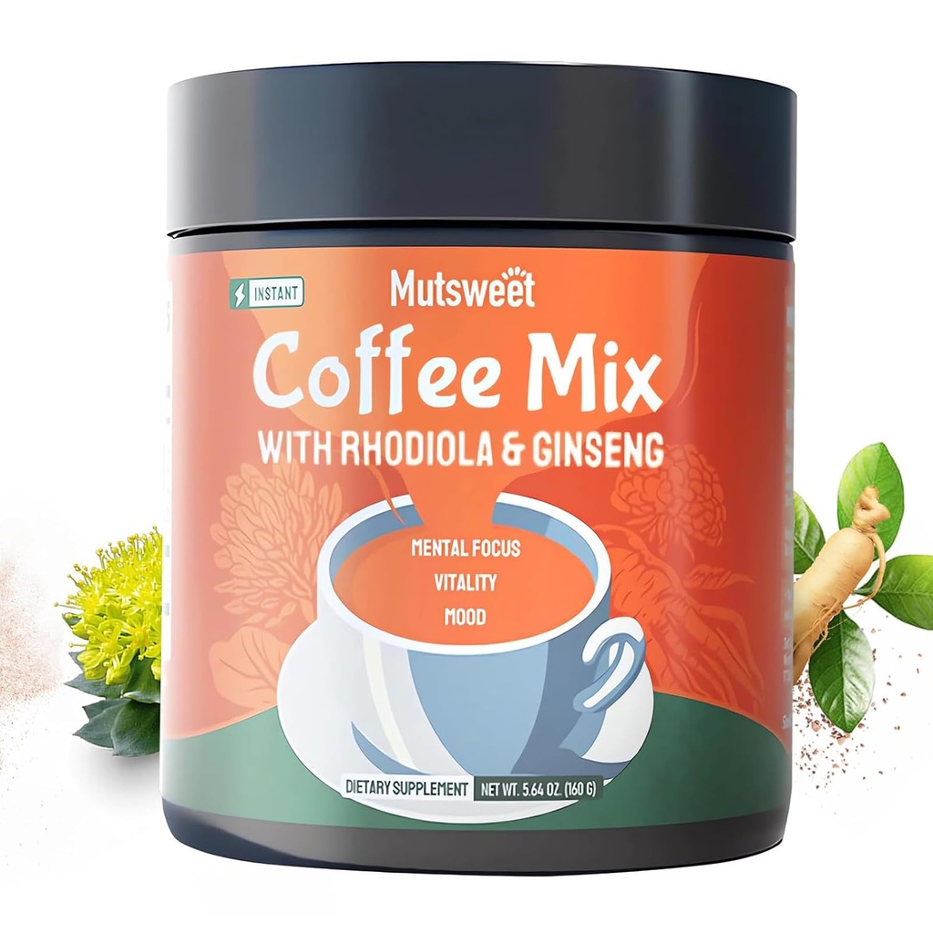 Mutsweet Rhodiola Rosea 인스턴트 커피 믹스 인삼 보충, 40 서빙, 커피 대안 분말, 인삼 추출물, 지상 커피 지원 에너지, 무드, 스트레스, 체력