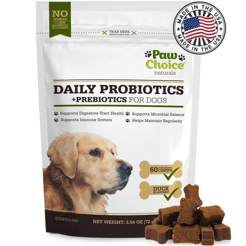 Paw Choice Probiotics for Dogs with Prebiotics - Gut Health, Digestion, Regularity 및 Immune Support를위한 매일 Chews - 미국에서 만든 천연 보충 치료