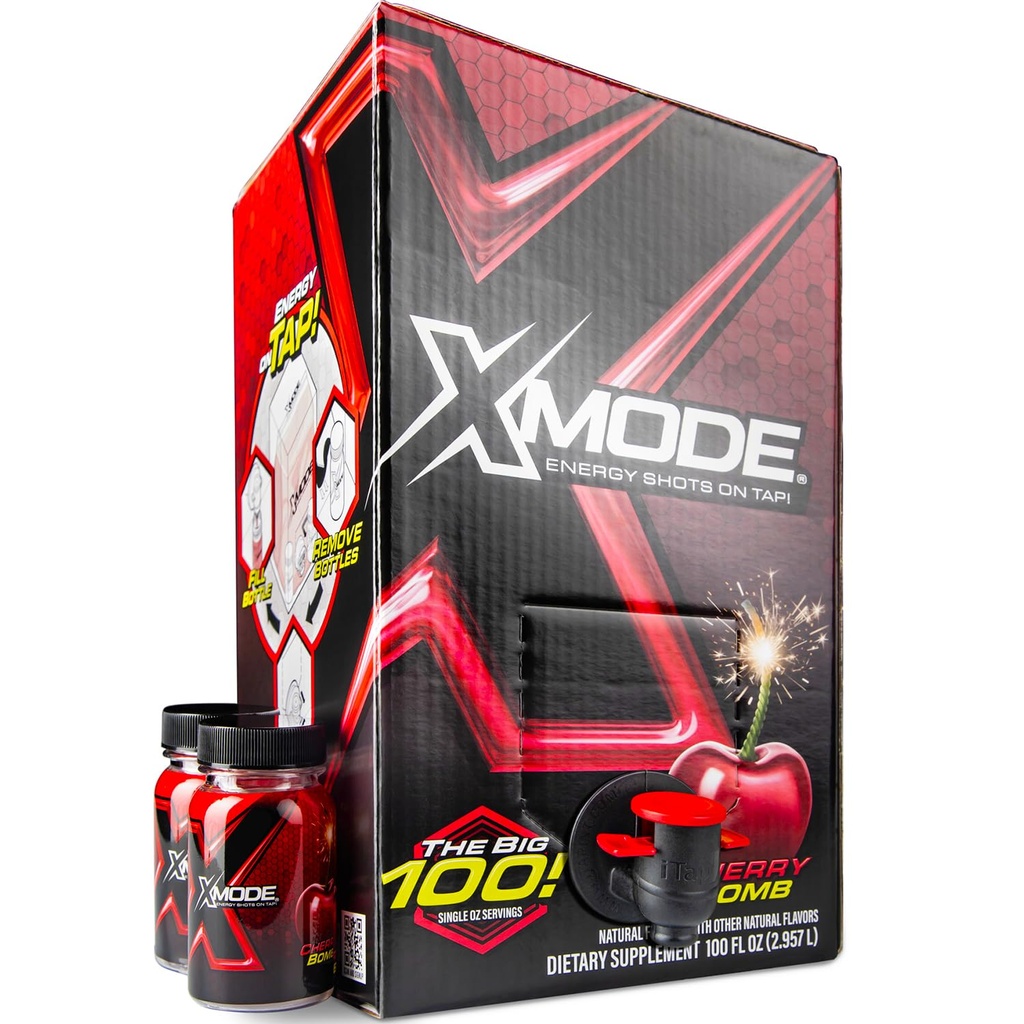 XMODE Extra Strength Energy Shot on Tap – Cherry Bomb flavor, Sugar Free, 150mg Caffeine per oz, B12, 100 (1oz) 서빙, 디스펜서 2 Refillable Bottle