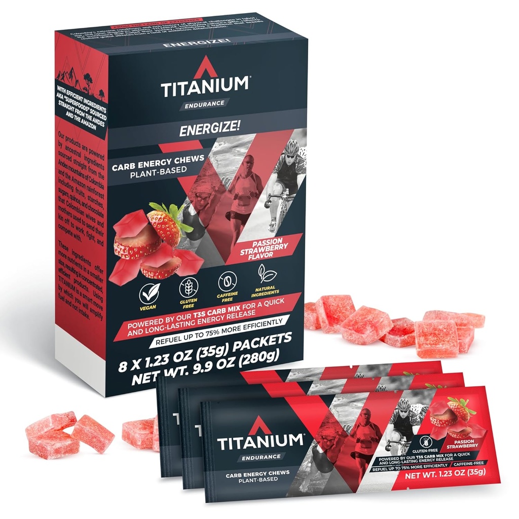 TITANIUM Energy Chews for running, 사이클링 - 공장 기반 자연 지구력 에너지 Gummies to Re Fuel - 에너지 보조 식품 - Preworkout Snack Bloks - 에너지 젤보다 더 빠른 - Caffeine - 8 카운트