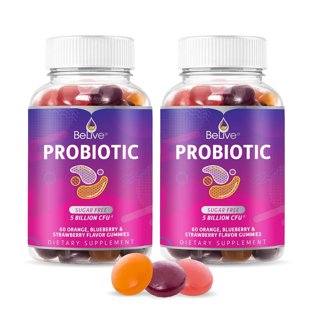 BeLive Probiotic Gummies - 소화 건강, 남성, 여성 및 아이 Probiotic 보충 교재, 설탕 무료 & Vegan - 블루 베리, 딸기 및 오렌지 | 2 팩