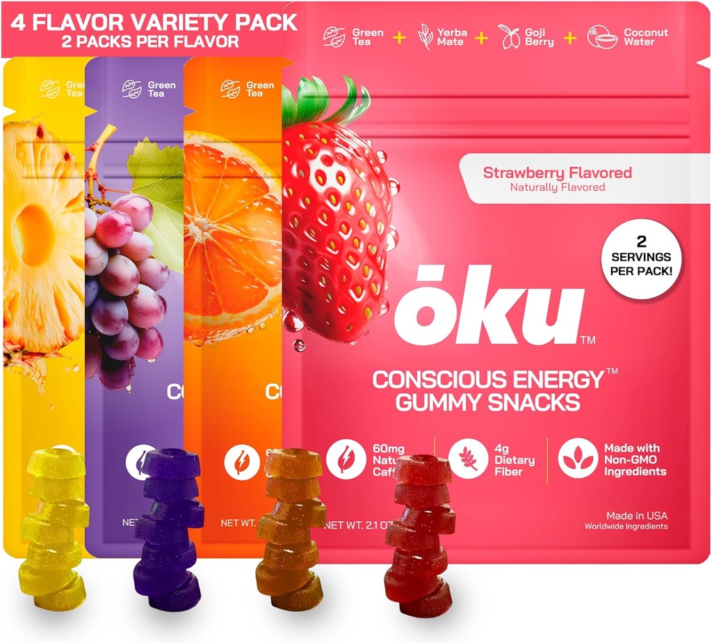 ōku Energy Chews - 에너지 Gummies w/Natural Caffeine from Green Tea | Yerba Mate, Hydration, 4g Fiber Gummy, Non-GMO | 운영, 사이클링, 온-고 스낵, 다양성 팩 (8 팩)