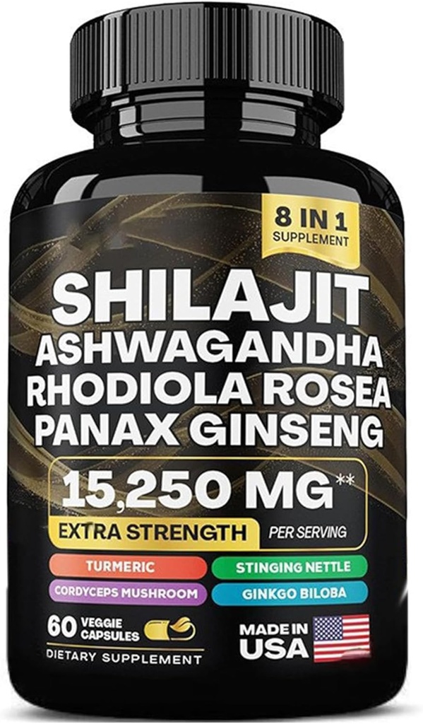 shilajit 9000 mg, Ashwagandha 2000 mg, Rhodiola Rosea 1000 mg, Panax Ginseng 1500 mg, cordyceps 버섯 500 mg, Ginkgo Biloba 500 MG, Sting Nettle 250 mg, Tumeric 500 mg.