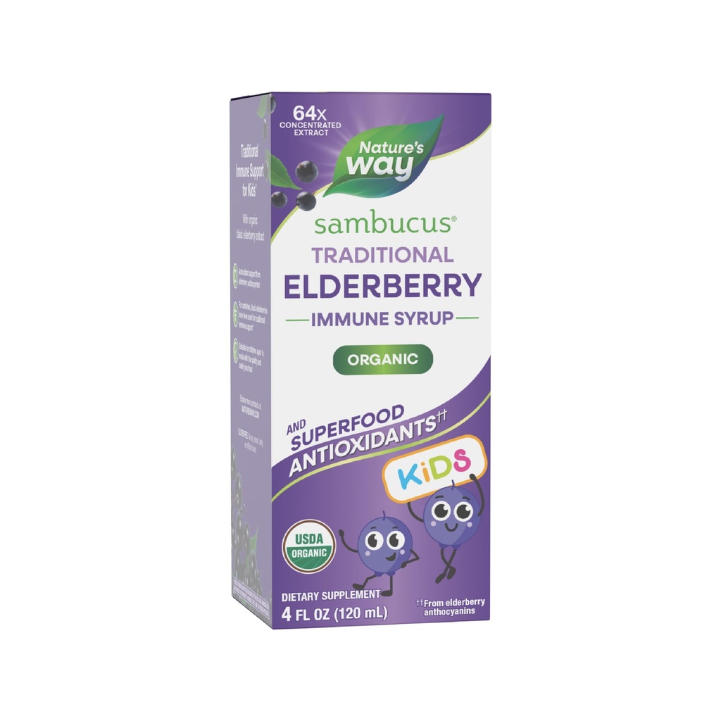 Nature's Way Sambucus Elderberry Traditional Immune Syrup for Ages 1+, Traditional Immune Support*, Antioxidant Support*, Black Elderberry Extract, USDA 인증 유기농, 4 Fl Oz