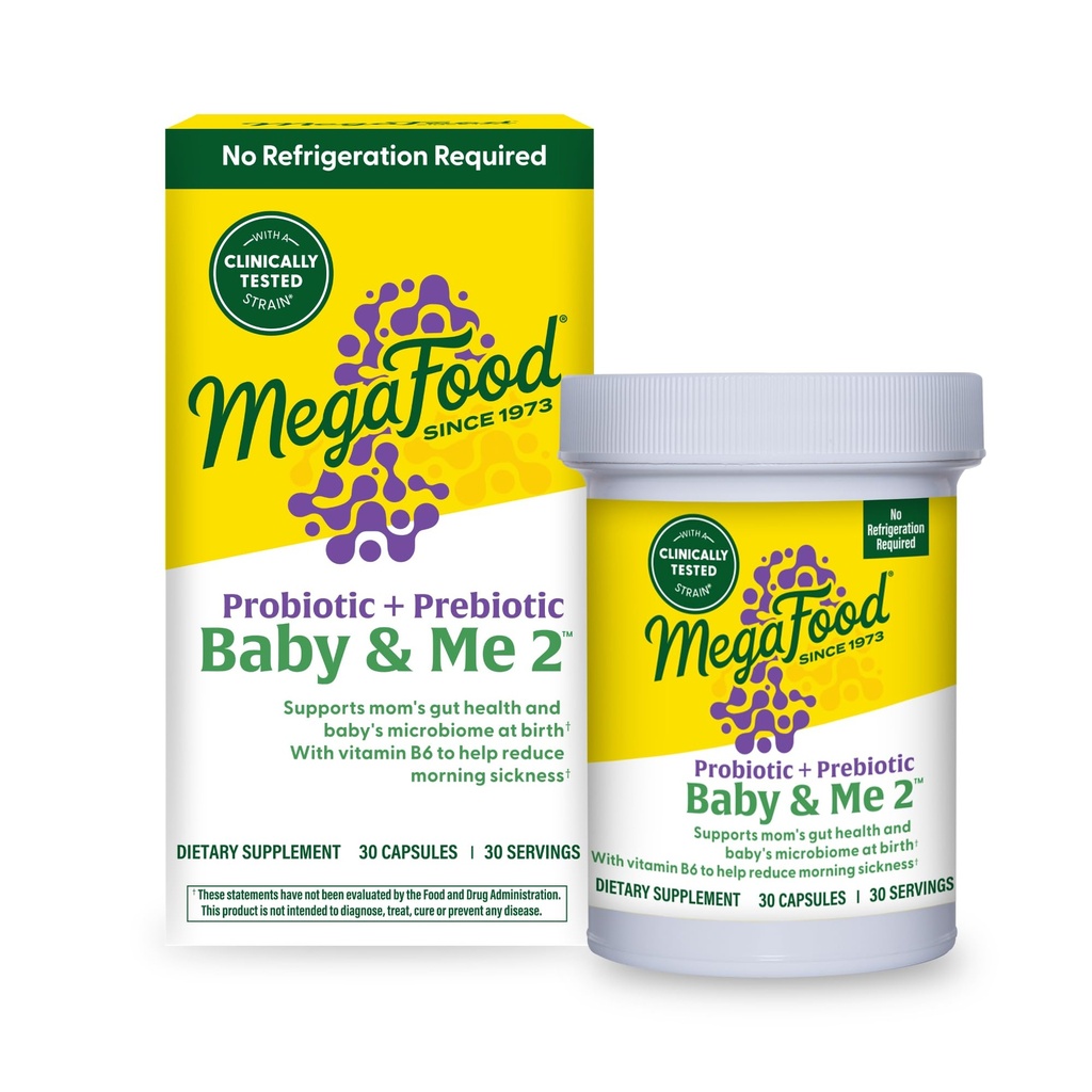 MegaFood Baby & Me 2 Prenatal Probiotic, 채식 임신 Prebiotics 및 여성을위한 Probiotics, 소화 건강 및 면역 지원 비타민 B6, 아침 간호 구호, 30 캡슐