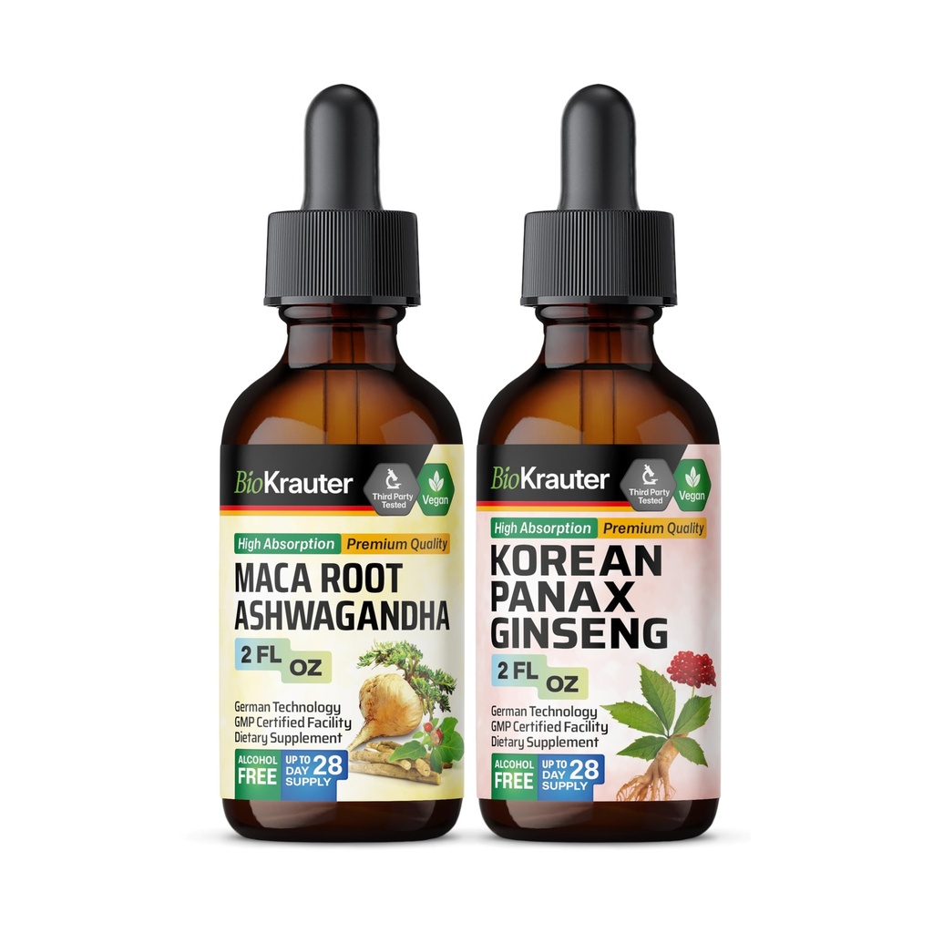 BIO KRAUTER Maca 루트 Ashwagandha Tincture 2 Fl. Oz. & 한국어 Panax Ginseng Tincture 2 Fl. Oz.