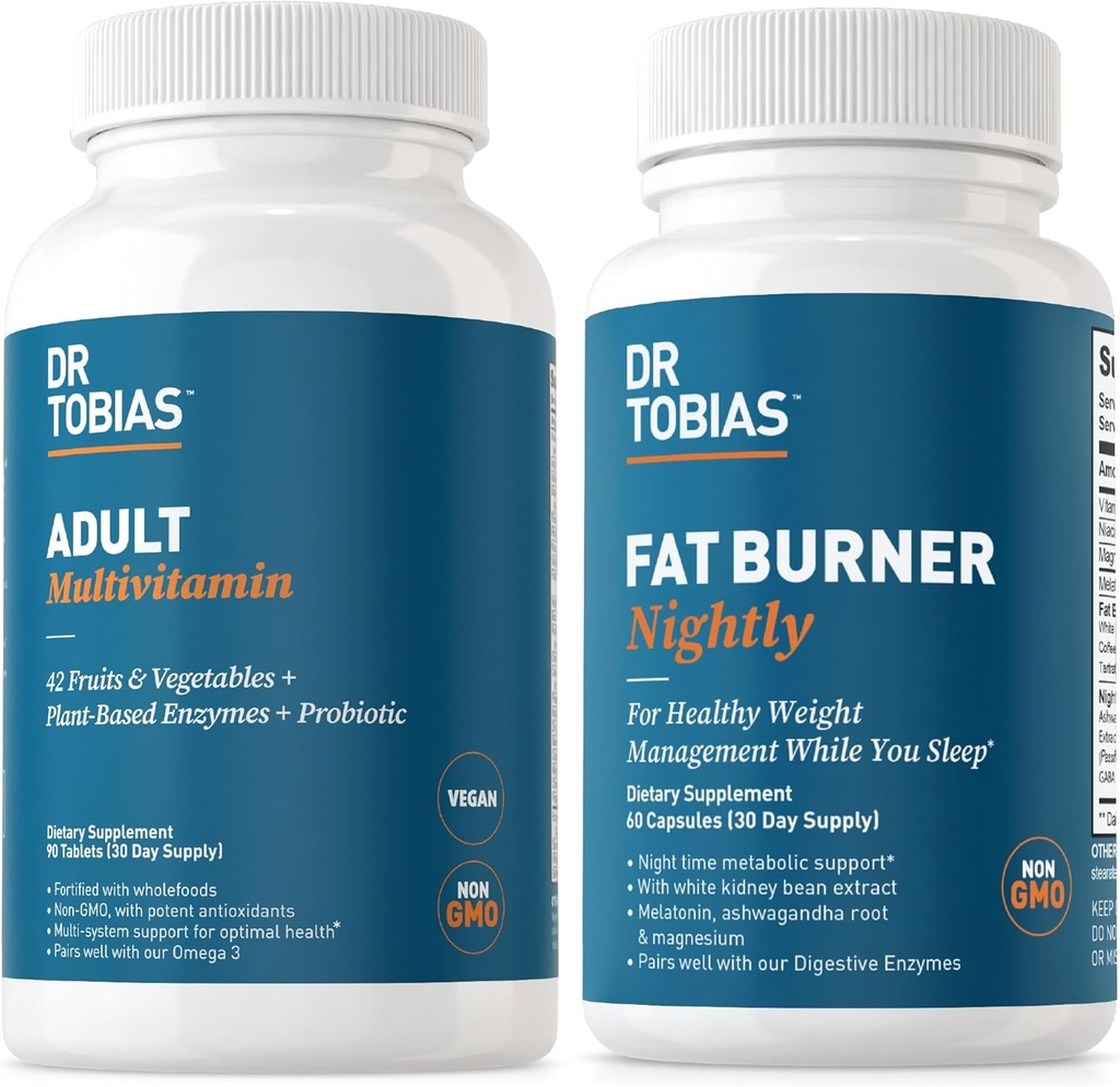 Tobias Fat Burner Nightly & Adult Multivitamin은 Ashwagandha와 에너지, 면역 및 대사를 지원합니다. Probiotics, Green Coffee Bean Extract, Non-GMO, 30 Day Supply와 42 과일 및 야채